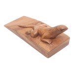 Wood door stopper, 'Handy Gecko in Brown' - Hand Carved Suar Wood Lizard Door Stopper in Brown from Bali