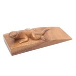 Wood door stopper, 'Handy Gecko in Brown' - Hand Carved Suar Wood Lizard Door Stopper in Brown from Bali