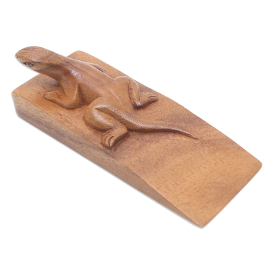 Wood door stopper, 'Handy Gecko in Brown' - Hand Carved Suar Wood Lizard Door Stopper in Brown from Bali