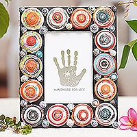 Recycled paper photo frame, 'Shrine City' (4x6) - 4x6 Recycled Paper Photo Frame with Multicolored Circles