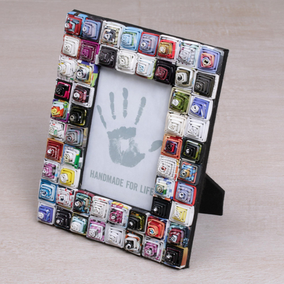 Recycled paper photo frame, 'Square Shrines' (4x6) - 4x6 Recycled Paper Photo Frame with Multicoloured Squares