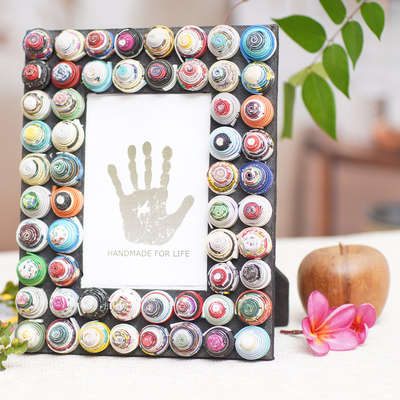 Recycled paper photo frame, 'Colorful Shrines' (4x6) - 4x6 Recycled Paper Photo Frame with Circle Motifs from Bali