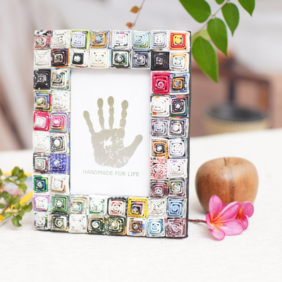 Recycled paper photo frame, 'Rising Temples' (4x6) - 4x6 Recycled Paper Multicolored Photo Frame from Bali