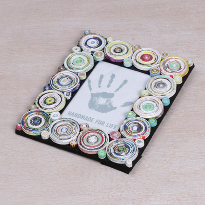 Recycled paper photo frame, 'Hypnotizing Circles' (4x6) - 4x6 Recycled Paper Photo Frame with Circle Motifs from Bali