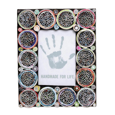 Recycled paper photo frame, 'Memory Circles' (4x6) - 4x6 Recycled Paper Circle Motif Photo Frame from Bali