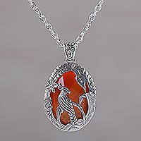 Carnelian pendant necklace, 'Cockatoo Garden' - Carnelian and Sterling Silver Cockatoo Necklace from Bali