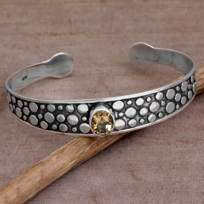 Citrine cuff bracelet, 'Falling Stones' - Citrine and Sterling Silver Dotted Cuff Bracelet from Bali