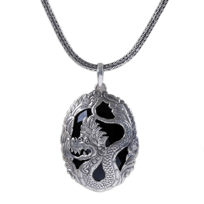 Onyx and Sterling Silver Dragon Pendant Necklace from Bali