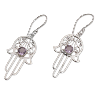Amethyst dangle earrings, 'Hamsa Swirls' - Amethyst and Sterling Silver Hamsa Hand Dangle Earrings