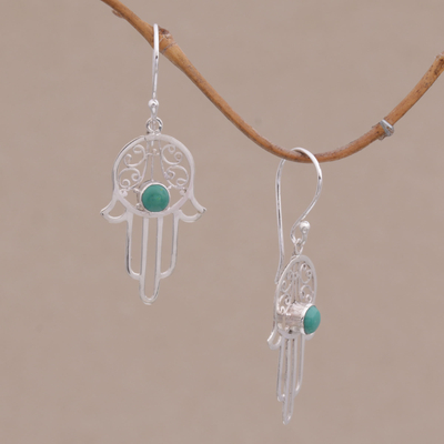 Sterling silver dangle earrings, 'Hamsa Protection' - Reconstituted Turquoise Sterling Silver Hamsa Hand Earrings