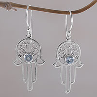 Blue topaz dangle earrings, 'Hamsa Swirls' - Blue Topaz and Sterling Silver Hamsa Hand Dangle Earrings