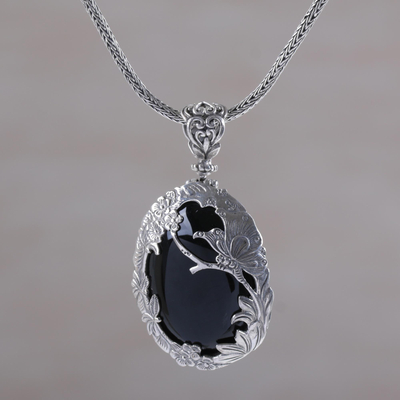 Onyx pendant necklace, 'Dusk Butterfly' - Onyx and Sterling Silver Butterfly Necklace from India