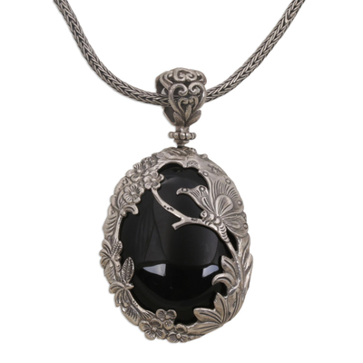 Onyx pendant necklace, 'Dusk Butterfly' - Onyx and Sterling Silver Butterfly Necklace from India