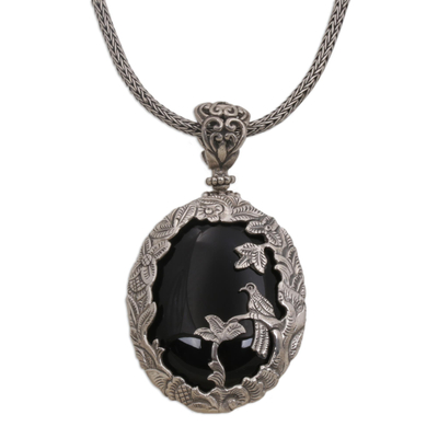 Onyx pendant necklace, 'Bird Watching' - Onyx and Sterling Silver Bird Pendant Necklace from India