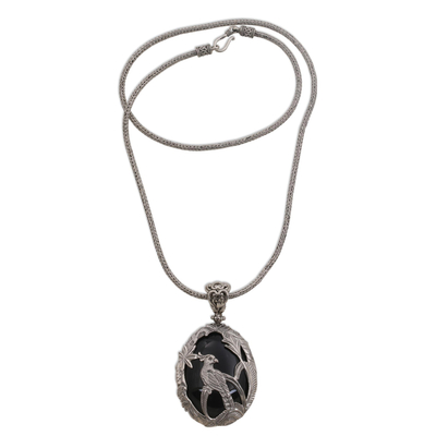 Onyx pendant necklace, 'Cockatoo Garden' - Onyx and Sterling Silver Cockatoo Necklace from Bali