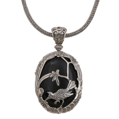 Halskette mit Onyx-Anhänger - Halskette aus Onyx und Sterlingsilber mit Vogelmotiv aus Indien