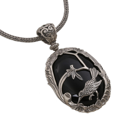 Onyx pendant necklace, 'Curious Bird' - Bird Themed Onyx and Sterling Silver Necklace from India