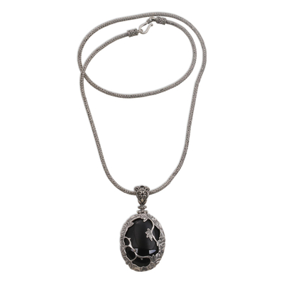 Onyx pendant necklace, 'Adventure in the Woods' - Nature Themed Onyx and Sterling Silver Necklace from Bali