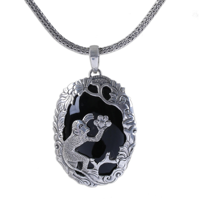 Onyx pendant necklace, 'Monkey Oasis' - Onyx and Sterling Silver Monkey Pendant Necklace from Bali