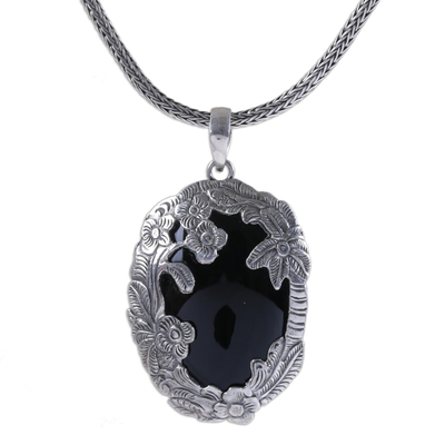 Onyx pendant necklace, 'Garden Arch' - Onyx Flower and Tree Pendant Necklace by Bali Artisans