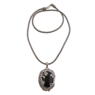 Onyx pendant necklace, 'Garden Arch' - Onyx Flower and Tree Pendant Necklace by Bali Artisans