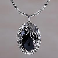 Onyx pendant necklace, 'Nighttime Butterfly' - Onyx and Sterling Silver Butterfly Balinese Pendant Necklace