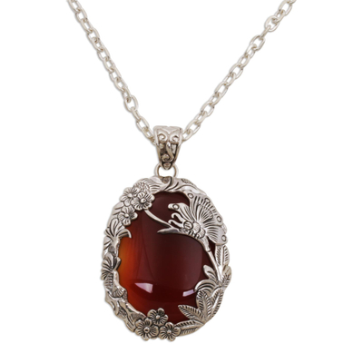 Carnelian pendant necklace, 'Sunset Butterfly' - Carnelian and Sterling Silver Butterfly Necklace from Bali