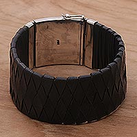 Leather and sterling silver wristband bracelet, 'Black Bali Weave' - Black Leather Wristband Silver Clasp Handcrafted in Bali