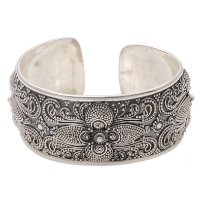Sterling silver cuff bracelet, 'Temple Blooms' - Sterling Silver Floral Cuff Bracelet Hand Crafted in Bali