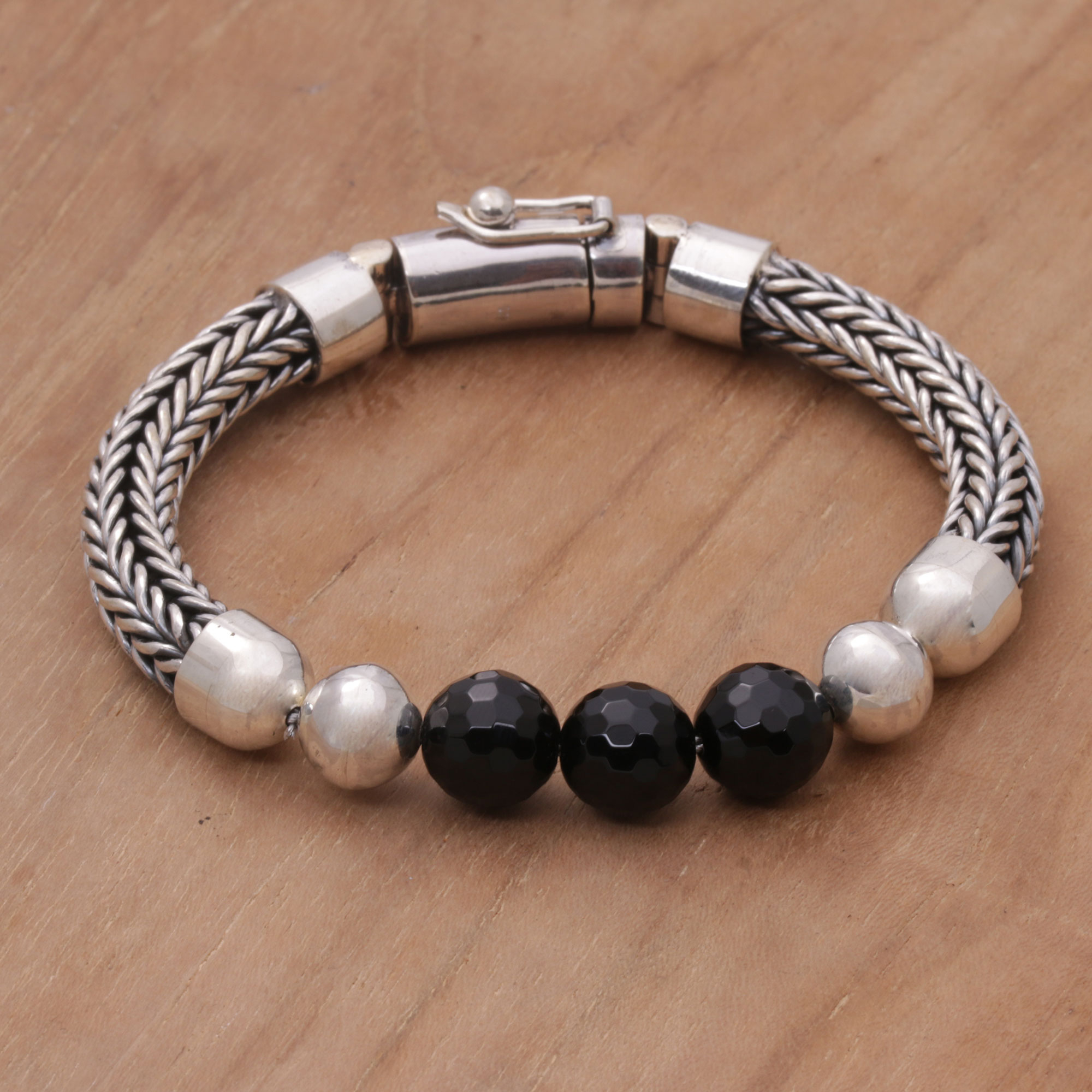 Onyx and Sterling Silver Beaded Chain Bracelet from Bali - Bold ...