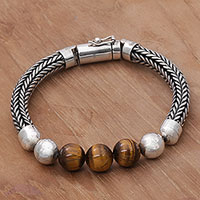 Tiger's eye beaded chain bracelet, 'Bold Elegance' - Tiger's Eye and Sterling Silver Beaded Chain Bracelet