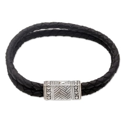 Men's sterling silver and leather wristband bracelet, 'Daring Braid' - Black Leather Men's Wristband Bracelet by Balinese Artisans