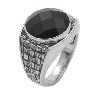 Men's onyx cocktail ring, 'Bold and Dark' - Onyx and 925 Sterling Silver Cocktail Ring from Bali