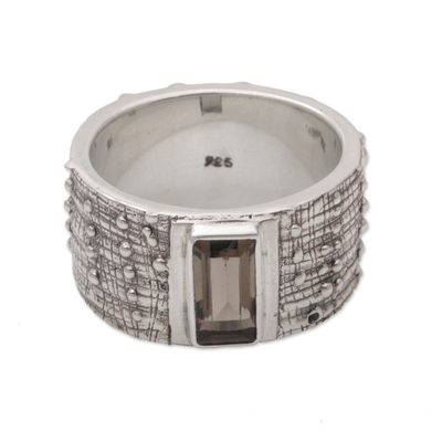 anillo de banda de cuarzo ahumado - Anillo de banda con puntos de plata y cuarzo ahumado de la India
