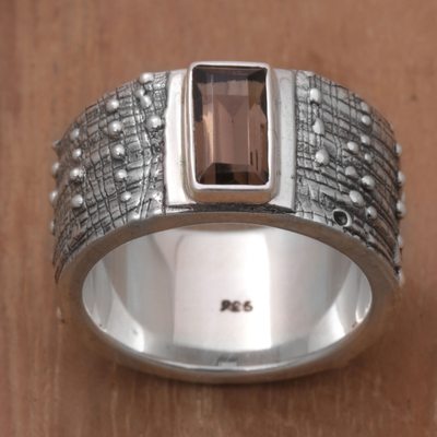 Smoky quartz band ring, 'Dotted Landscape' - Smoky Quartz and Silver Dotted Band Ring from India