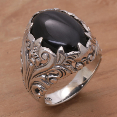 Handcrafted Onyx and Sterling Silver Cocktail Ring from Bali - Dark ...
