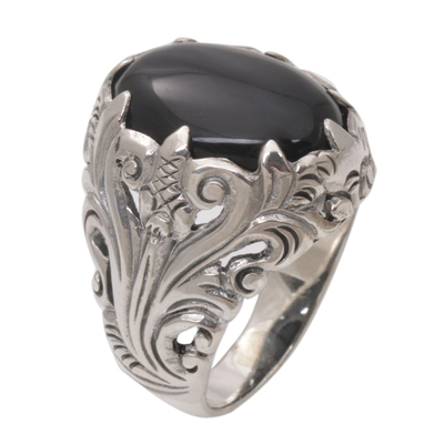Onyx cocktail ring, 'Dark Forest' - Handcrafted Onyx and Sterling Silver Cocktail Ring from Bali