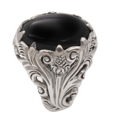 Onyx cocktail ring, 'Dark Forest' - Handcrafted Onyx and Sterling Silver Cocktail Ring from Bali