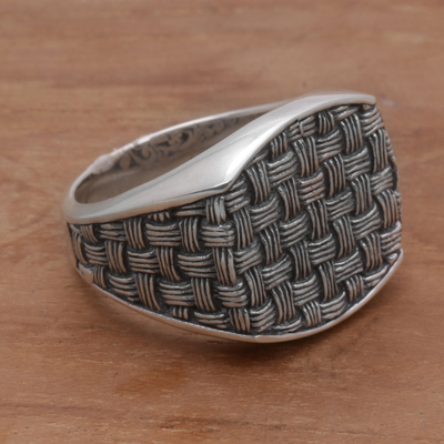Men's sterling silver signet ring, 'Bold Wicker' - 925 Sterling Silver Woven Motif Signet Ring from Bali