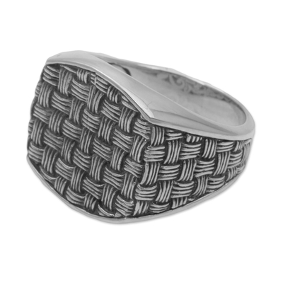Men's sterling silver signet ring, 'Bold Wicker' - 925 Sterling Silver Woven Motif Signet Ring from Bali