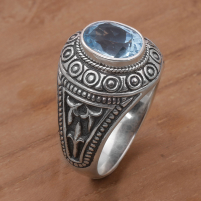 anillo topacio azul hombre - Anillo de hombre de plata esterlina y topacio azul de Bali