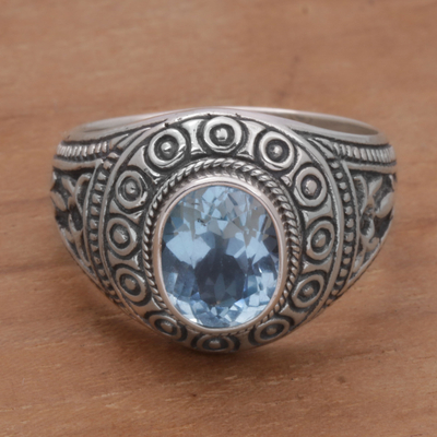 Men's blue topaz ring, 'Awakening Circles' - Blue Topaz and Sterling Silver Men's Ring from Bali