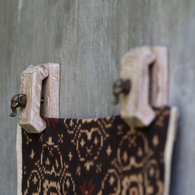 Pair of Wood and Brass Floral Tapestry Hangers from Bali - Bali Sunflowers