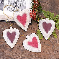 Wood ornaments, 'Ruby Hearts' (set of 4)