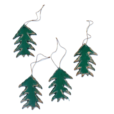 Wood ornaments, 'Holiday Evergreens' (set of 4) - Set of Four Painted Green Tree Ornaments from Bali