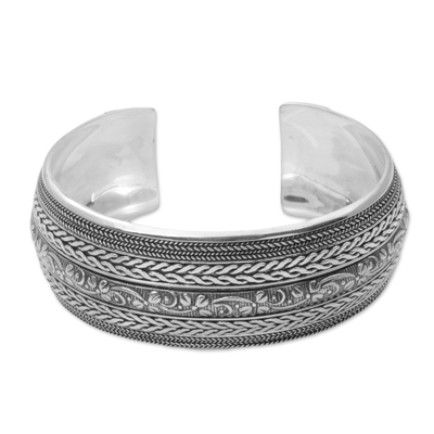 Sterling silver cuff bracelet, 'Bali Leaves' - Sterling Silver Leafy Cuff Bracelet by Balinese Artisans