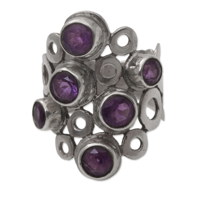 Amethyst cocktail ring, 'Lavender Circles' - Amethyst and Sterling Silver Cocktail Ring from Bali