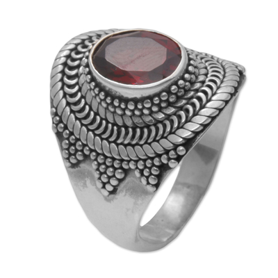 Garnet cocktail ring, 'Dotted Crown' - Garnet and Sterling Silver Dot Motif Ring from Bali