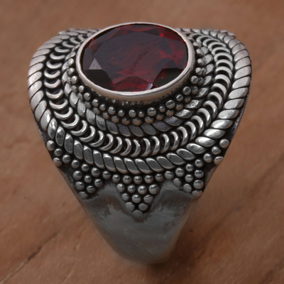 Garnet cocktail ring, 'Dotted Crown' - Garnet and Sterling Silver Dot Motif Ring from Bali