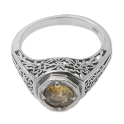 Citrine solitaire ring, 'Magic Garden' - Ornate Citrine Solitaire Ring with 925 Silver Floral Cutouts